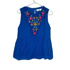 Time and Tru Blue Top with Floral Design